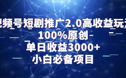视频号短剧推广2.0高收益玩法，100%原创，单日收益3000+，小白必备项目