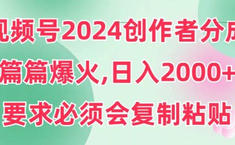 视频号2024创作者分成，片片爆火，要求必须会复制粘贴，日入2000+