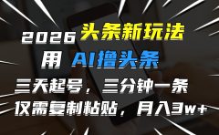 2026最新头条玩法，用AI撸头条，3天必起号，3分钟1条，只需要复制粘贴，简单月入3W+