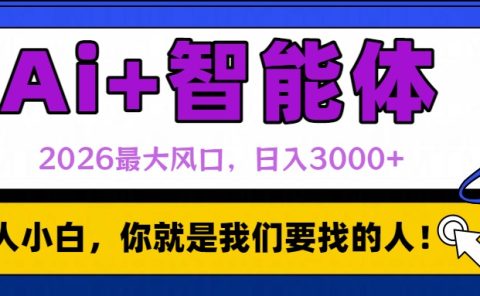 2026最大风口，AI+智能体日入3000+
