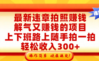 最新违章拍照赚钱，解气又赚钱的项目，上下班路上随手拍一拍，轻松收入300+，悄悄的闷声发大财，操作简单，收益稳！