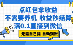 点红包拿收益，不需要养机，收益秒结算，满0.1直接到微信，都不需要自己提，非常丝滑，人人可操作
