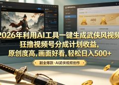 2026年利用AI工具一键生成武侠风视频，狂撸视频号分成计划收益，原创度高，画面好看，轻松日入500+