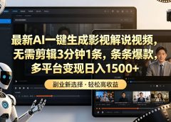 最新AI一键生成影视解说视频，无需剪辑3分钟1条，条条爆款，多平台变现日入1500+