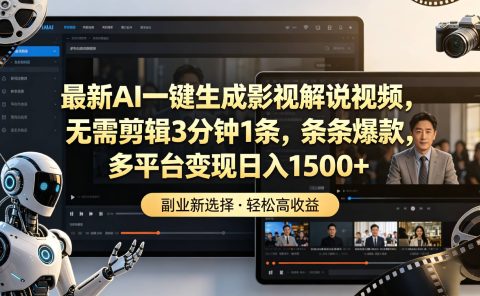 最新AI一键生成影视解说视频，无需剪辑3分钟1条，条条爆款，多平台变现日入1500+